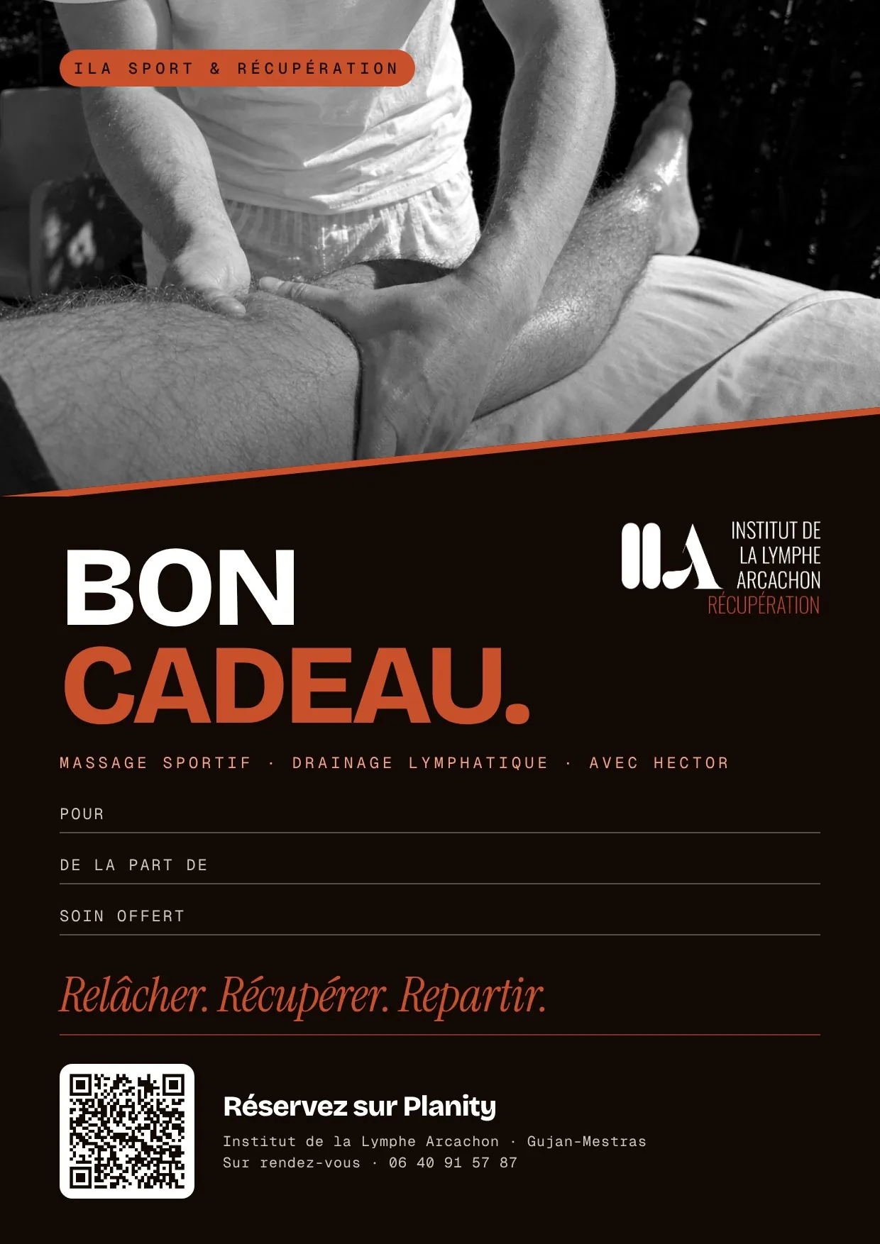 Exemple de bon cadeau ILA Sport & Récupération pour un massage sportif ou un drainage lymphatique avec Hector – Tarifs du massage sportif à Gujan-Mestras